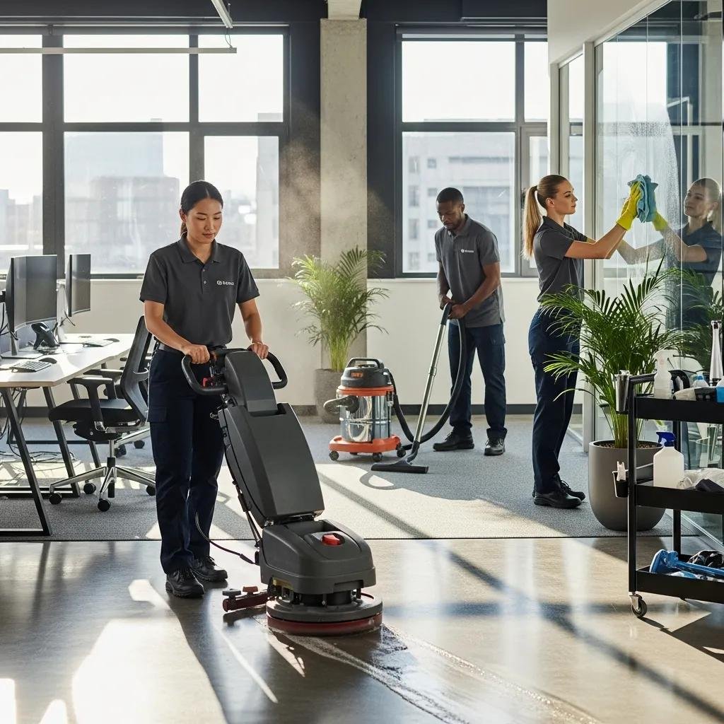 Commercial cleaning team using professional equipment in a modern office