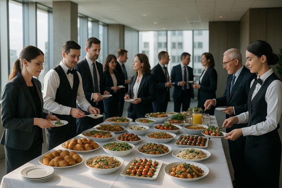 Professional corporate catering buffet at a business event